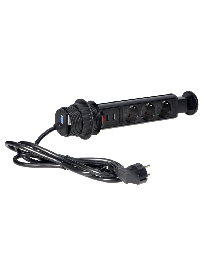 Gniazdo meblowe O6cm wysuwane z blatu z ładowarką USB, blokadą i przewodem 1,8m, 3x2P+Z (Schuko), cz OR-AE-1349(GS)/B ORNO