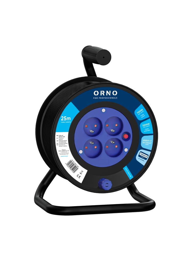 Przedłużacz bębnowy, 4 gniazda 2P+Z, kabel PVC H05VV-F 3x1,5mm2, długość 25m, termik, przesłony toró