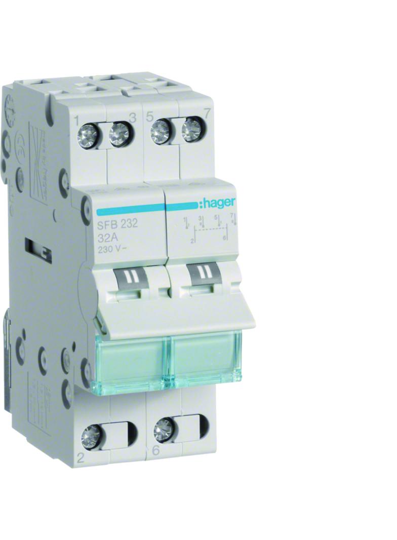 Modułowy przełącznik instalacyjny I-0-II punkt wspólny od dołu 2P 32A 230VAC SFB232 HAGER