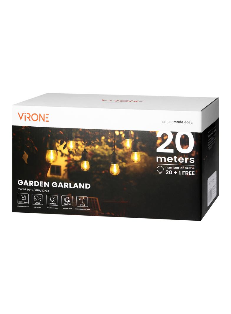 Girlanda oświetleniowa - 1 sznur 20 m (20 opraw) + 20 żarówek LED 1W E27, 3000K + 1 żarówka gratis