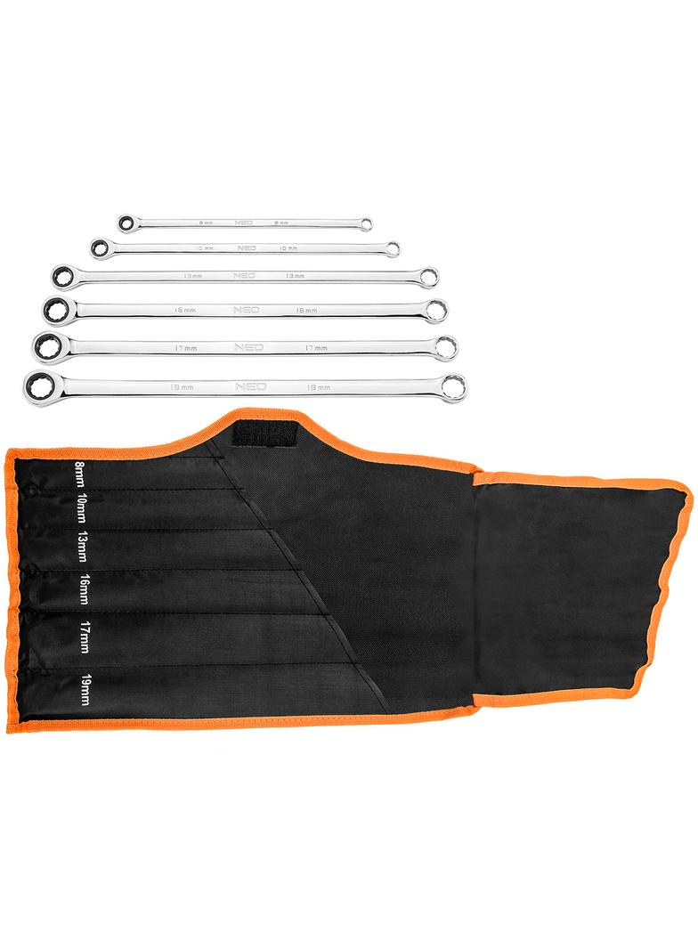 Klucze oczkowe z grzechotką, długie, zestaw 6 szt., 8 - 19 mm, miękkie etui