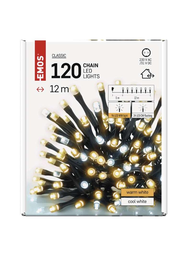 Lampki choinkowe Classic 120 LED 12m ciepła biel + zimna biel miga, IP44, timer D4AN02 EMOS