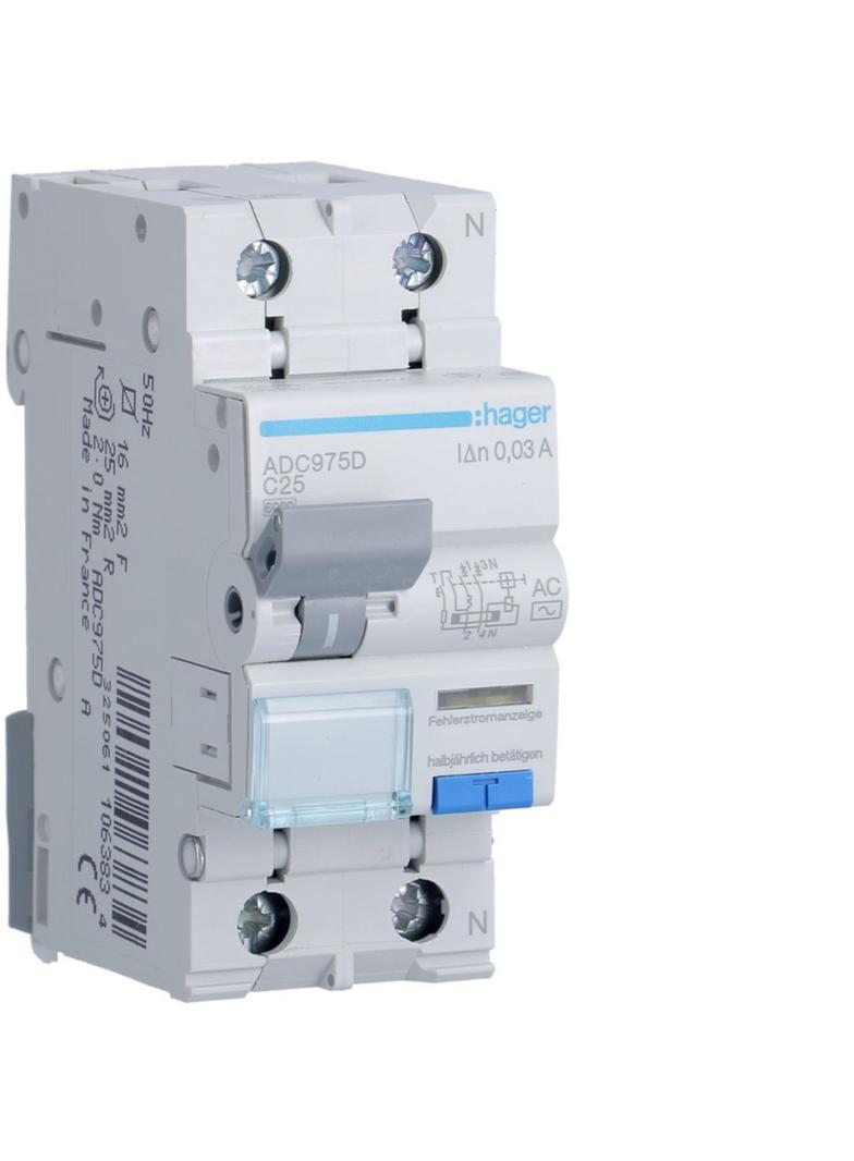 RCBO Wyłącznik różnicowoprądowy z członem nadprądowym 1P+N 6kA C25A 30mA Typ AC ADC975D HAGER