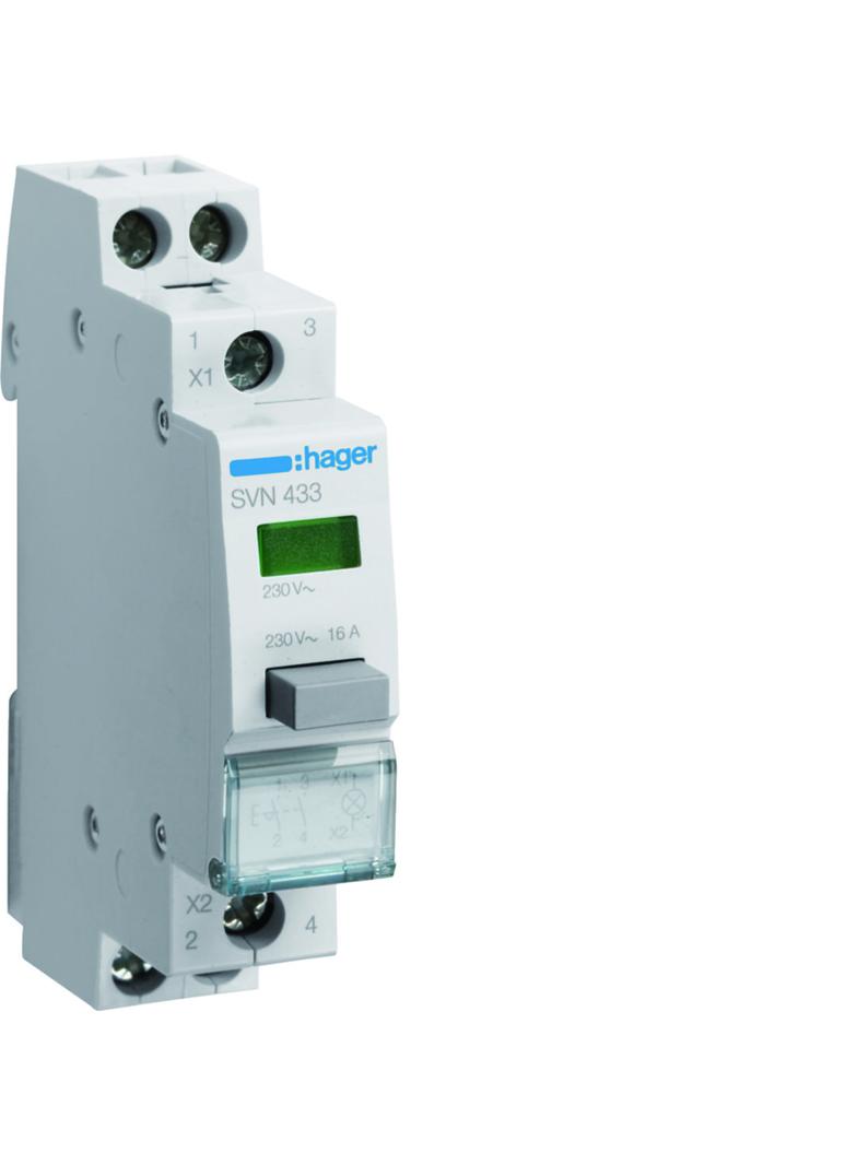 Przełącznik przyciskowy 2NO LED zielona Ith=16A 230VAC SVN433 HAGER