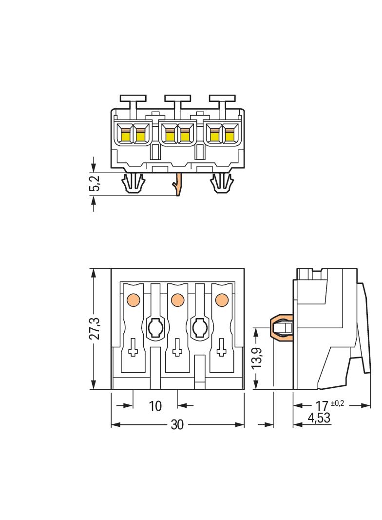 złączka zasilająca 3-biegunowa ze stopkami ze styk. PE
