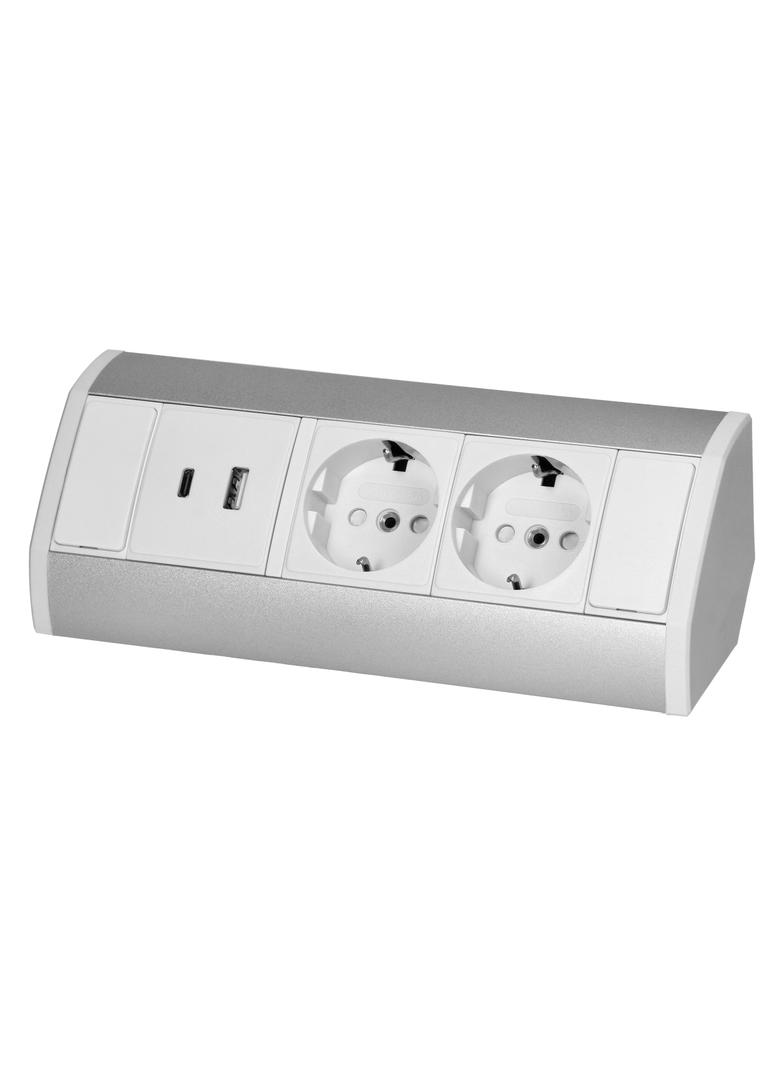 Gniazdo meblowe 2x2P+Z (Schuko), 2xUSB (typ A+C; 2,4A), biało-srebrne