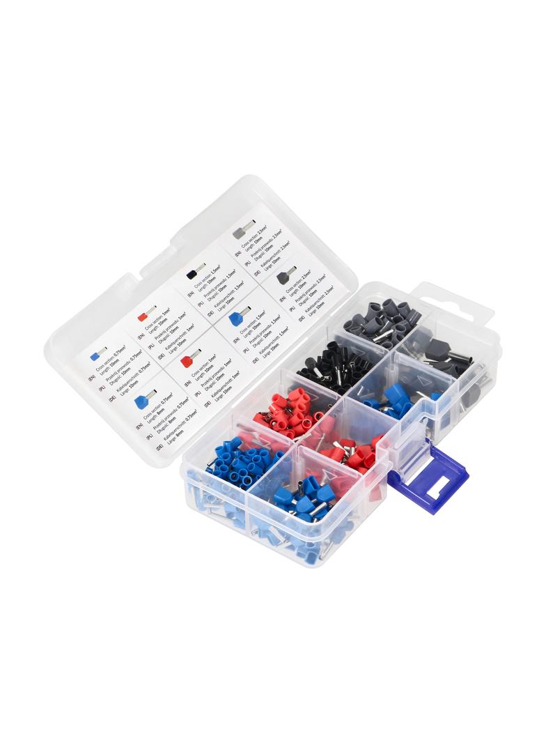 Zestaw końcówek kablowych tulejki 350 szt. Pojedyncze: 80x0,75mm2,10mm; 70x1mm2,10mm; 60x1,5mm2 10 O