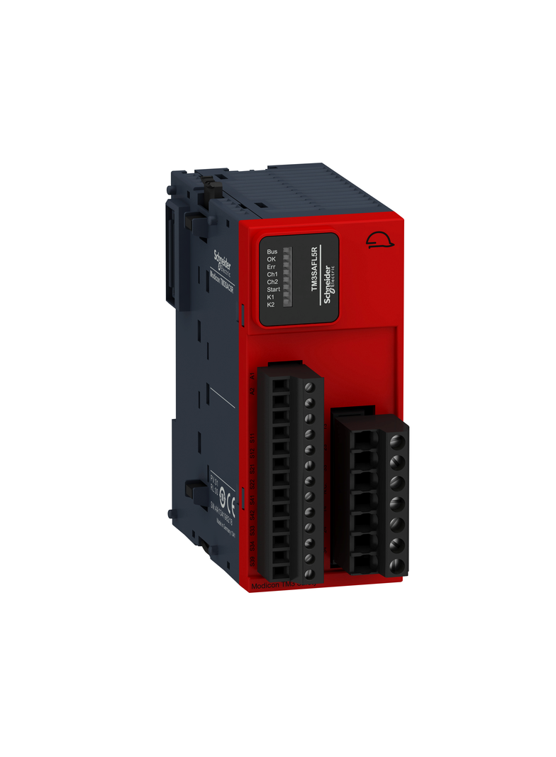 Modicon TM3, wielofunkcyjny moduł bezpieczeństwa, 2 funkcje, kategoria 3, 24 VDC, zaciski śrubowe
