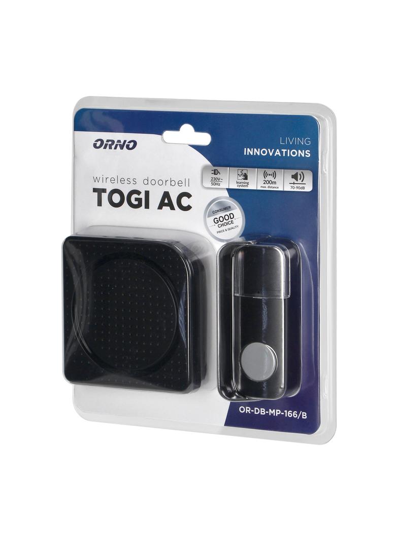 Dzwonek bezprzewodowy TOGI AC sieciowy learning system 38 dźwięków 200m czarny OR-DB-MP-166/B ORNO