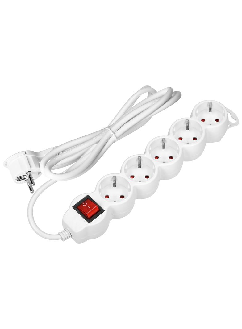 Przedłużacz 5-krotny 2P+Z (Schuko), z wyłącznikiem, 3m H05VV-F 3x1,5mm2, Imax=16A, płaska wtyczka, b