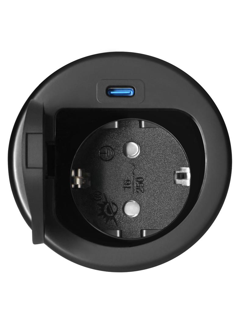 Gniazdo meblowe O6cm wpuszczane w blat z pokrywką, ładowarką USB i przewodem 1,9m, 1x2P+Z (Schuko),