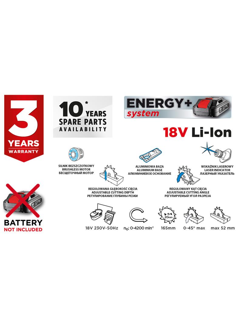 Pilarka tarczowa akumulatorowa bezszczotkowa Energy+ 18V, Li-Ion, tarcza 165 x 10 mm,bez akumulatora