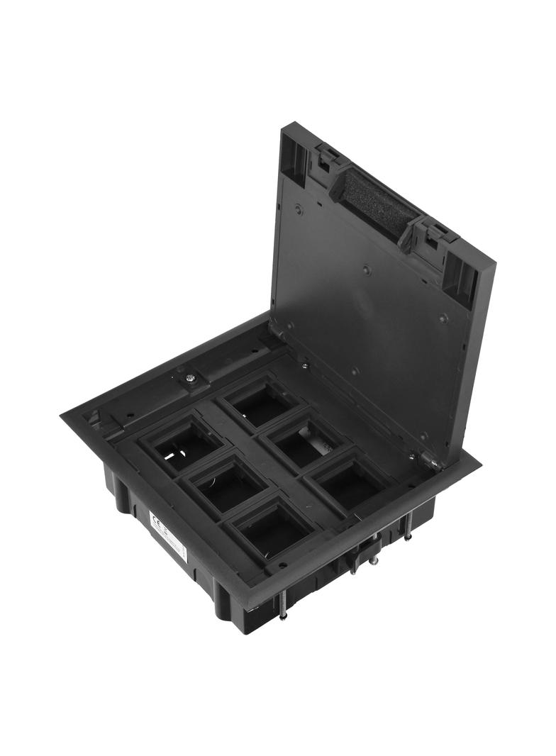 Puszka podłogowa na gniazda modułowe 6 x 45x45mm lub 12 x 22,5x45mm, pokrywa: stal nierdzewna, czarn