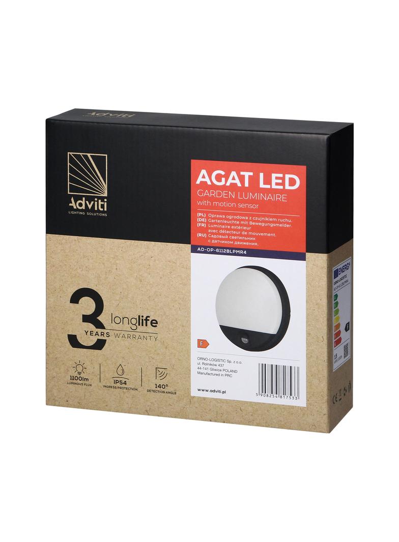 AGAT LED 15W, oprawa ogrodowa z czujnikiem ruchu, 140st, 1100lm, IP54, 4000K, czarna AD-OP-6112BLPMR4 ORNO