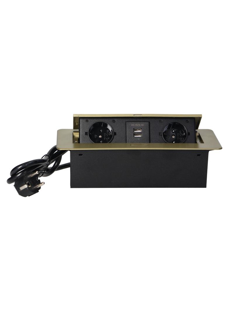 Gniazdo meblowe wpuszczane w blat z płaskim frezowanym rantem ładowarką USB i przewodem 1,5m 2x2P+ O