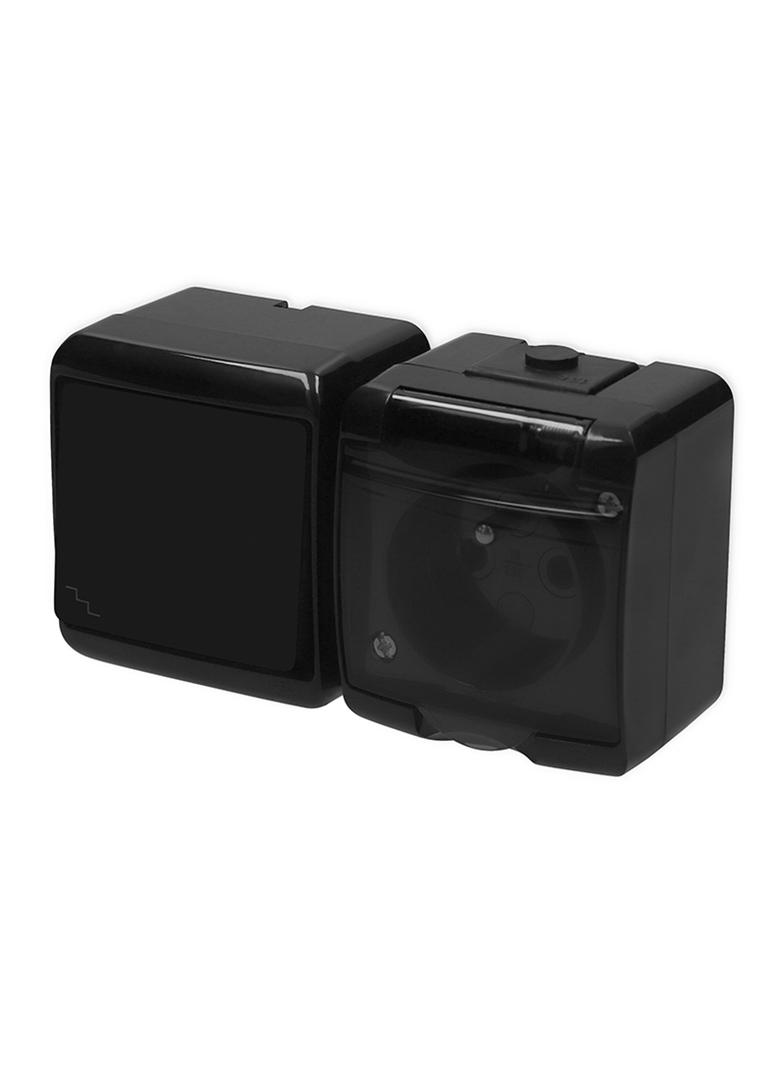 JUNIOR Łącznik schodowy z gniazdem pojedynczym z uziemieniem 2P+Z (klapka dymna; bez przesłon) czarn