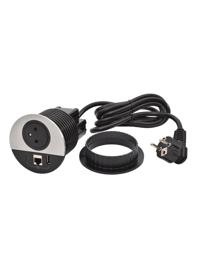 INCARA: DISQ 80 - 2P+Z / USB A+C / RJ45 - 2,0 M-METAL/CZARNY, Legrand
