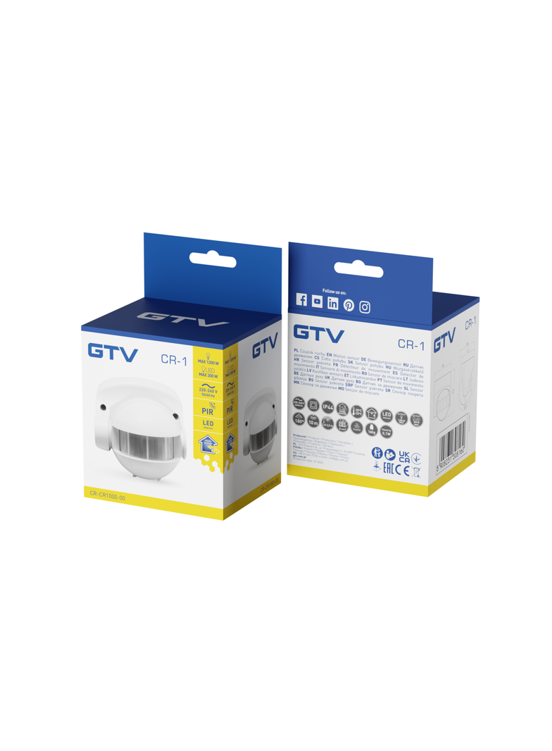 CZUJNIK RUCHU CR-1, MAX 1200W, AC220-240V, 50/60HZ, KĄT DZIAŁANIA 180*, ZASIĘG 10M ± 1,8- 2,5M, IP44