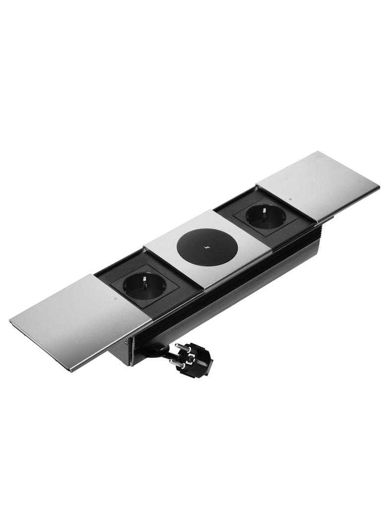 Gniazdo meblowe z przesuwną klapką i przewodem 1,8m, 2x2P+Z (Schuko), ładowarka bezprzewodowa 15W, s OR-GM-9044(GS)/G ORNO