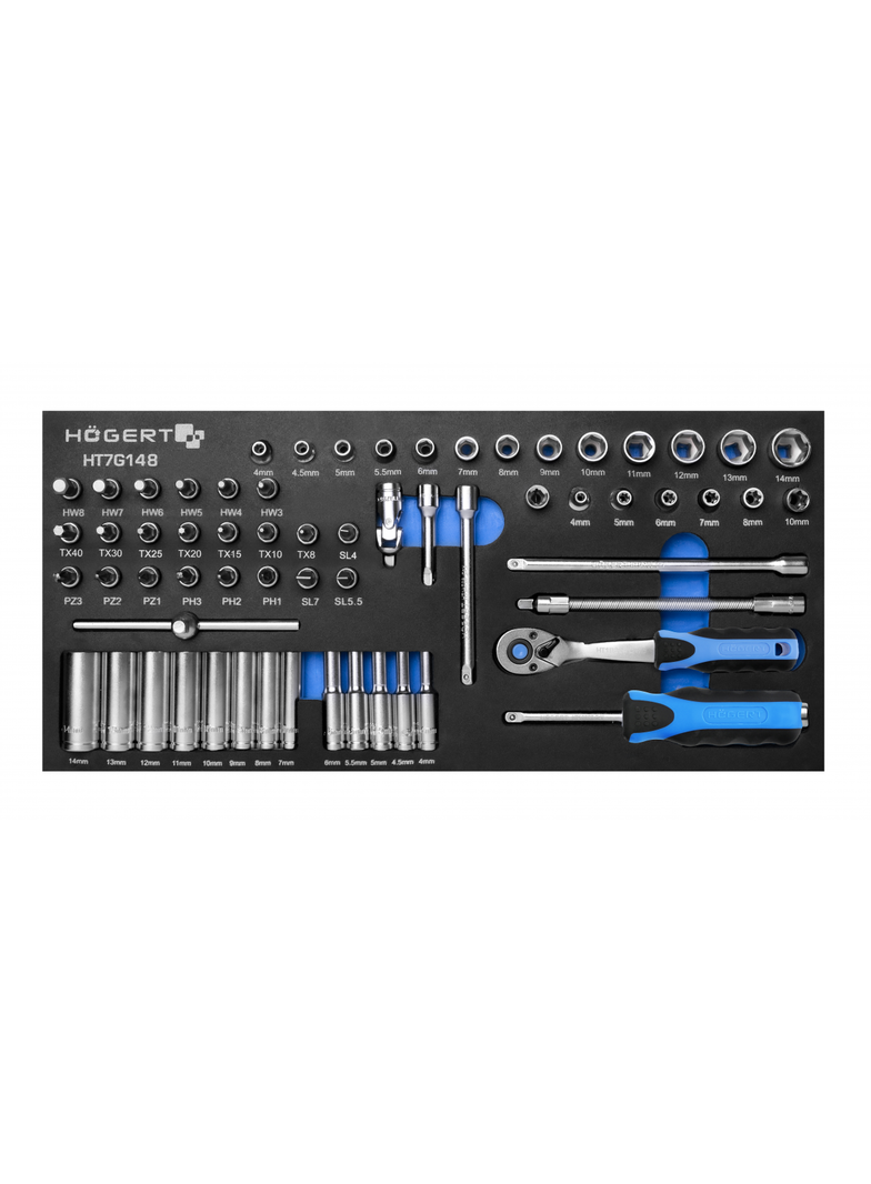 Zestaw narzędzi z grzechotką 1/4", 63 szt., wkład EVA