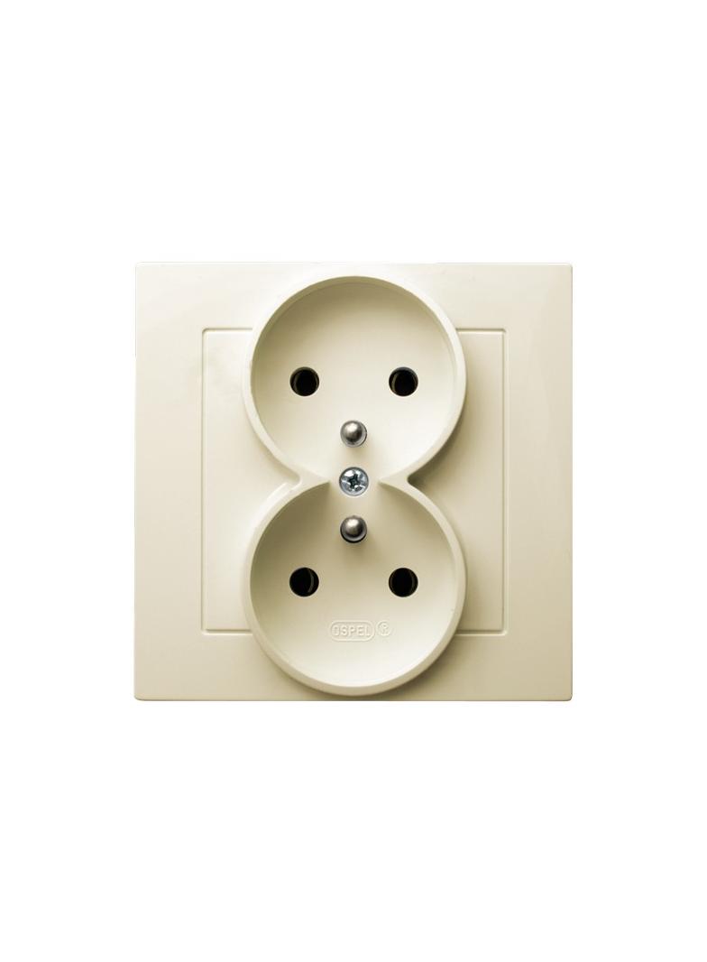 AS Gniazdo podwójne z uziemieniem kompletne z ramką - kolor ecru