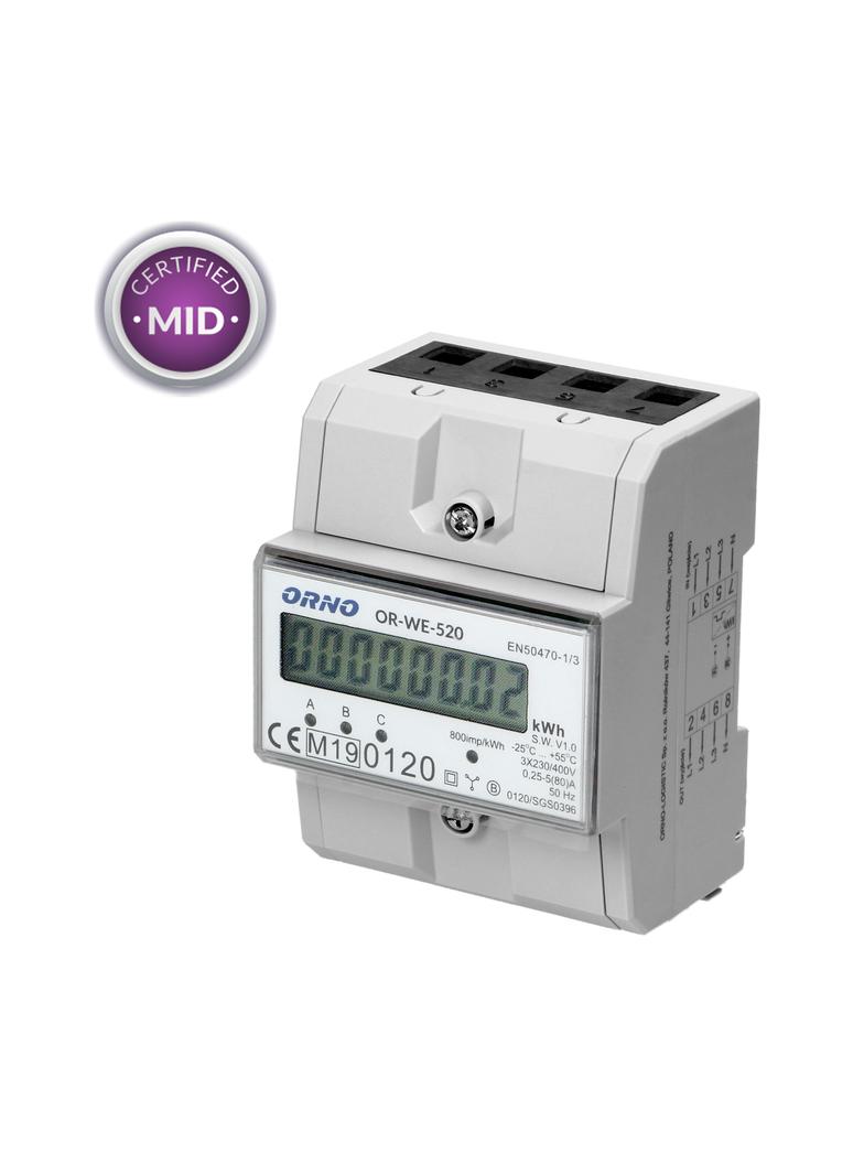 3-fazowy licznik energii elektrycznej 80A MID 3 moduły DIN TH-35mm OR-WE-520 ORNO
