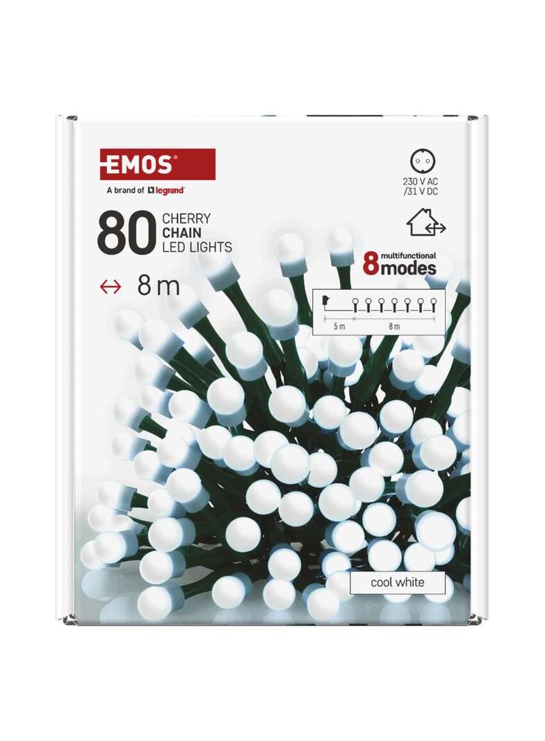 Lampki choinkowe 80 LED cherry 8m zimna biel zielony przewód IP44 8 programów timer D5AC22 EMOS