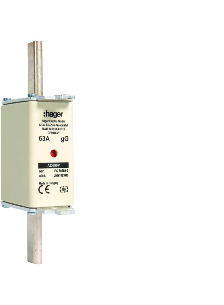 Wkładka bezp. nożowa NH1 wsk.podw. uchwyt nieiz. gG 63A 690 VAC LNH1063M6 HAGER