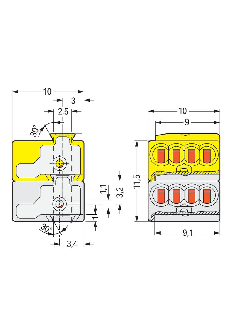 złączka do terminali sieciowych 4 x 0,6 - 0,8 mm2 jasnoszara/żółta