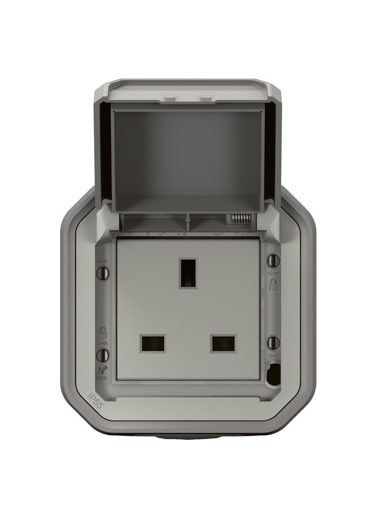 NOWE PLEXO - GN. STD. BRYTYJSKI 2P +Z ZACISKI ŚRUB NATYNKOWE 13A-250V SZARE 069732L LEGRAND