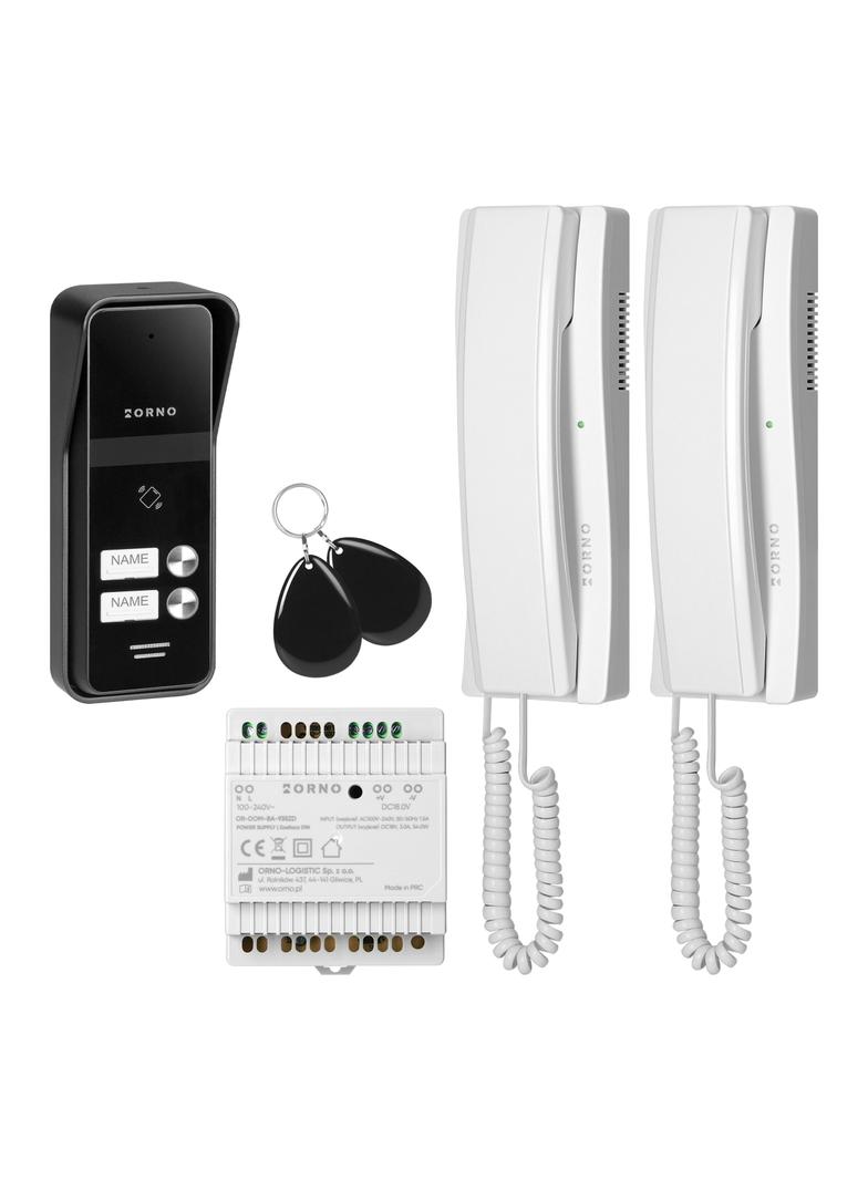 ENIR MULTI, zestaw domofonowy dwurodzinny, 2-żyłowy, zasilacz na szynę DIN, z czytnikiem breloków, b