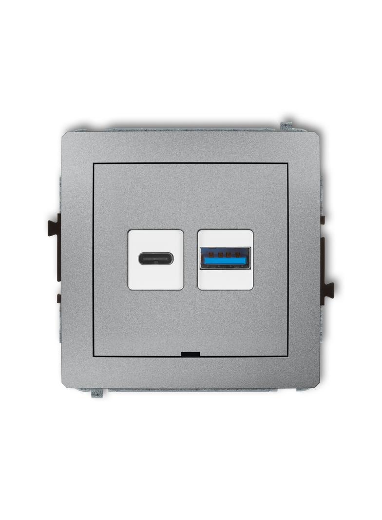 DECO Mechanizm ładowarki USB podwójnej USB C + USB A, 20W max., bez pola opisowego srebrny metalik