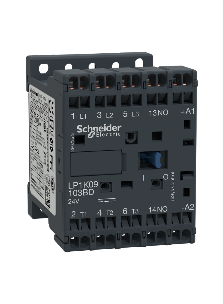 Stycznik mocy, TeSys K, 9A, 3P, 1NO, cewka 24VDC, zaciski sprężynowe LP1K09103BD