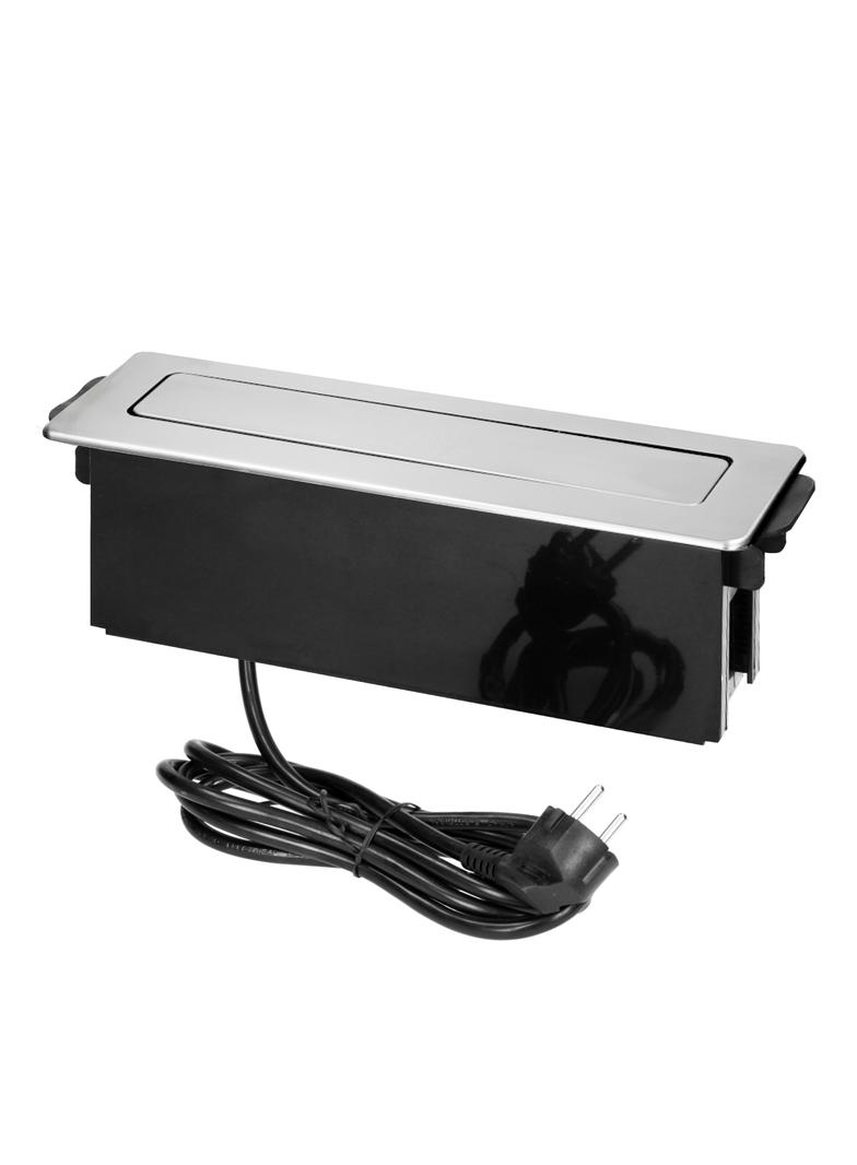 Gniazda wysuwane z blatu z płaskim frezowanym rantem ładowarką USB i przewodem 2m 3 gniazda typ E OR