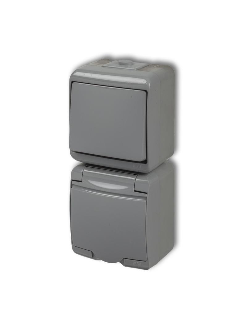 JUNIOR Łącznik jednobiegunowy z gniazdem pojedynczym z uziemieniem 2P+Z (klapka popielata; przesłony