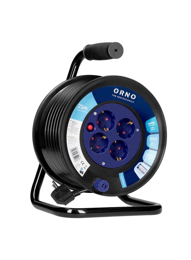 Przedłużacz bębnowy, 4 gniazda 2P+Z, Schuko, kabel PVC H05VV-F 3x1,5mm2, długość 25m, termik, przesł