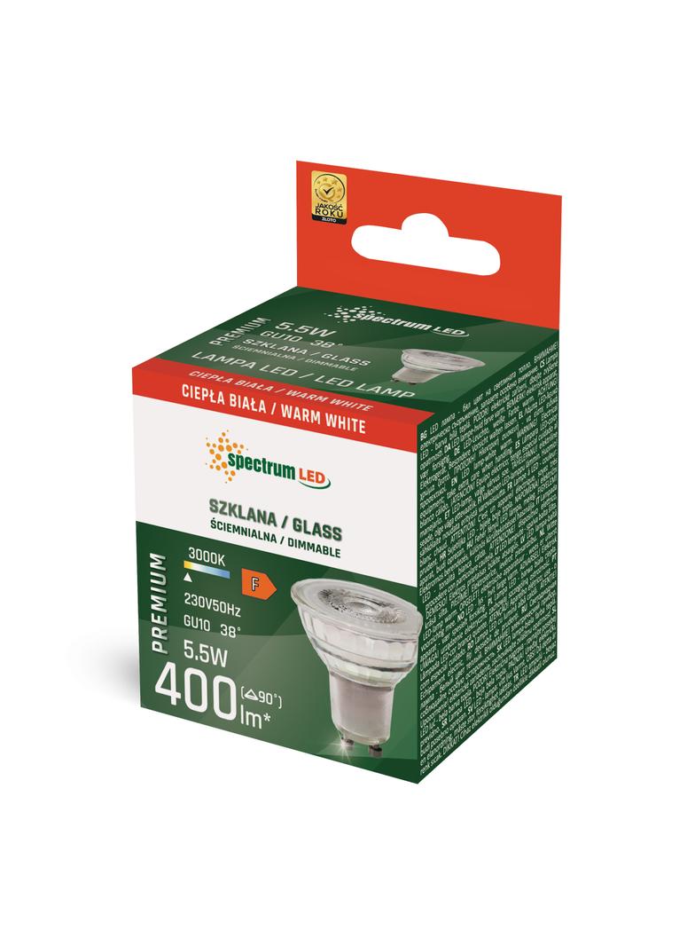 LED GU10 230V 5,5W SMD 38st WW z soczewką szklana DIMMABLE SPECTRUM