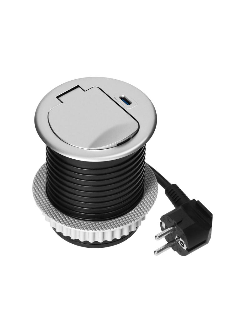 Gniazdo meblowe O6cm wpuszczane w blat z pokrywką, ładowarką USB i przewodem 1,9m, 1x2P+Z (French),