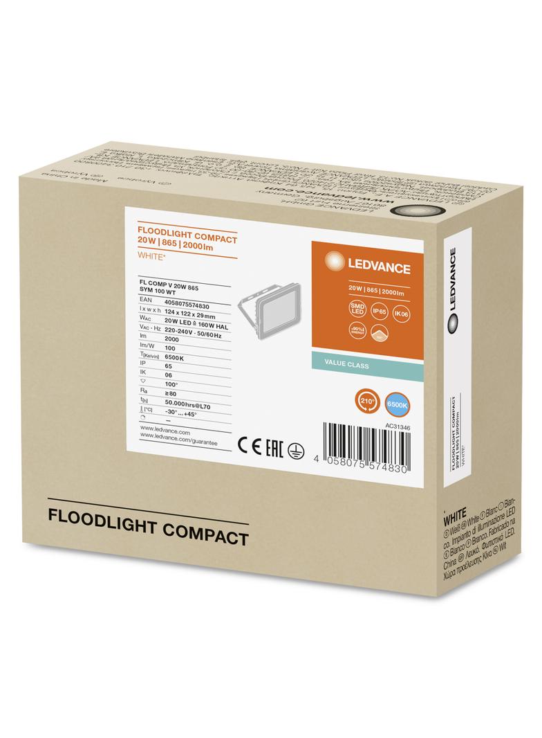 Naświetlacz LED 20W 2000lm 6500K IP65 Biały COMPACT V 4058075574830 LEDVANCE