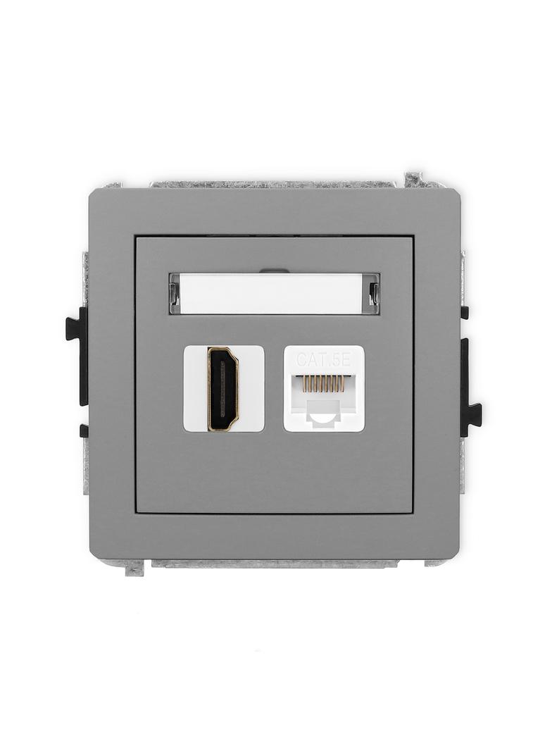 DECO Mechanizm gniazda pojedynczego HDMI 2.0 + gniazda komp. poj. 1xRJ45, kat. 5e, 8-stykowy szary m