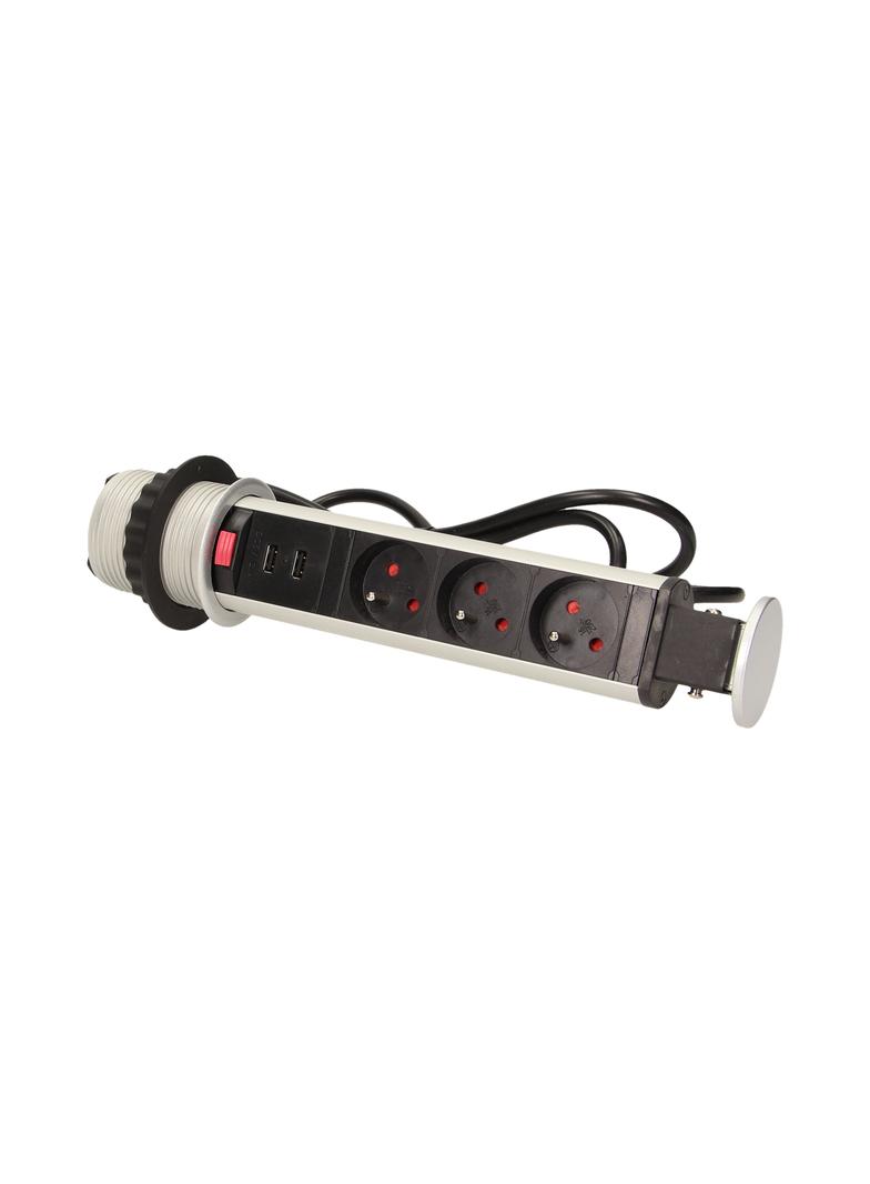 Gniazdo meblowe 3x2P+Z, 2xUSB, wysuwane z blatu 6cm, z blokadą i przewodem 1,8m