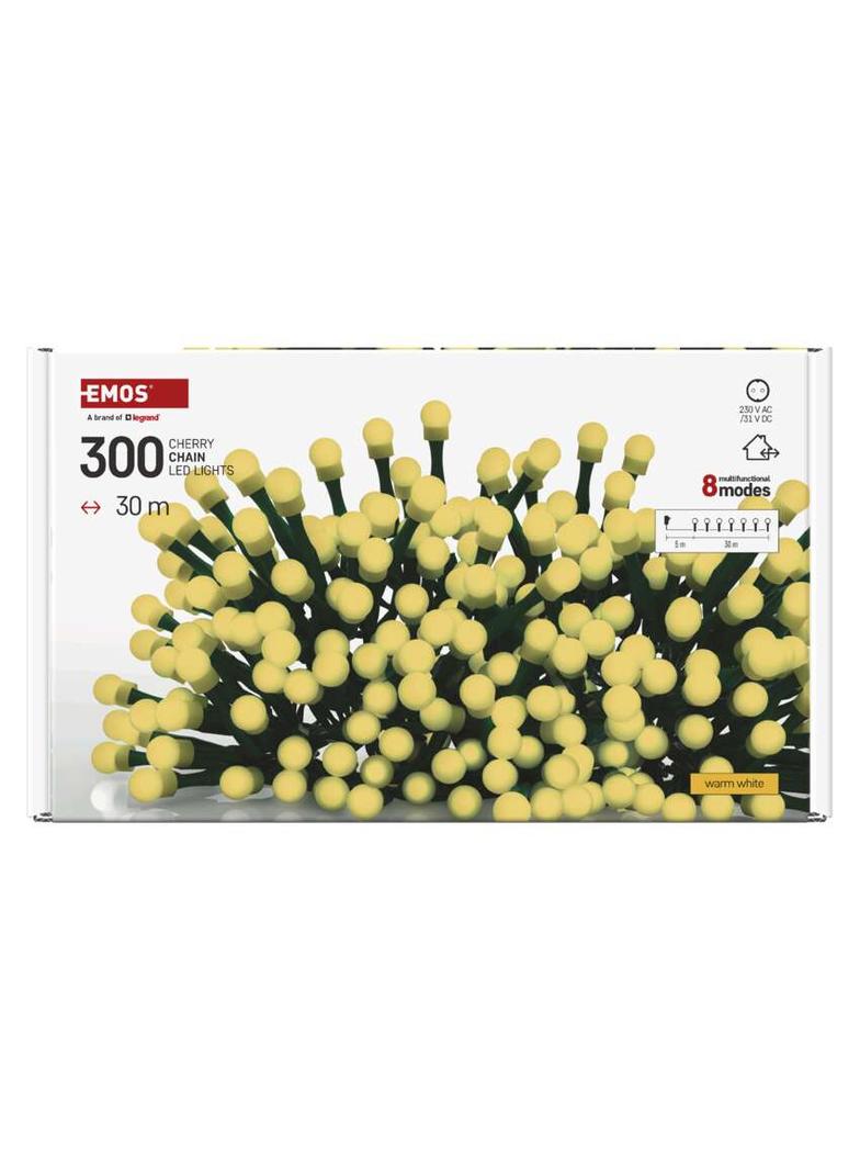 Lampki choinkowe 300 LED cherry 30m ciepła biel zielony przewód IP44 8 programów timer D5AW24 EMOS