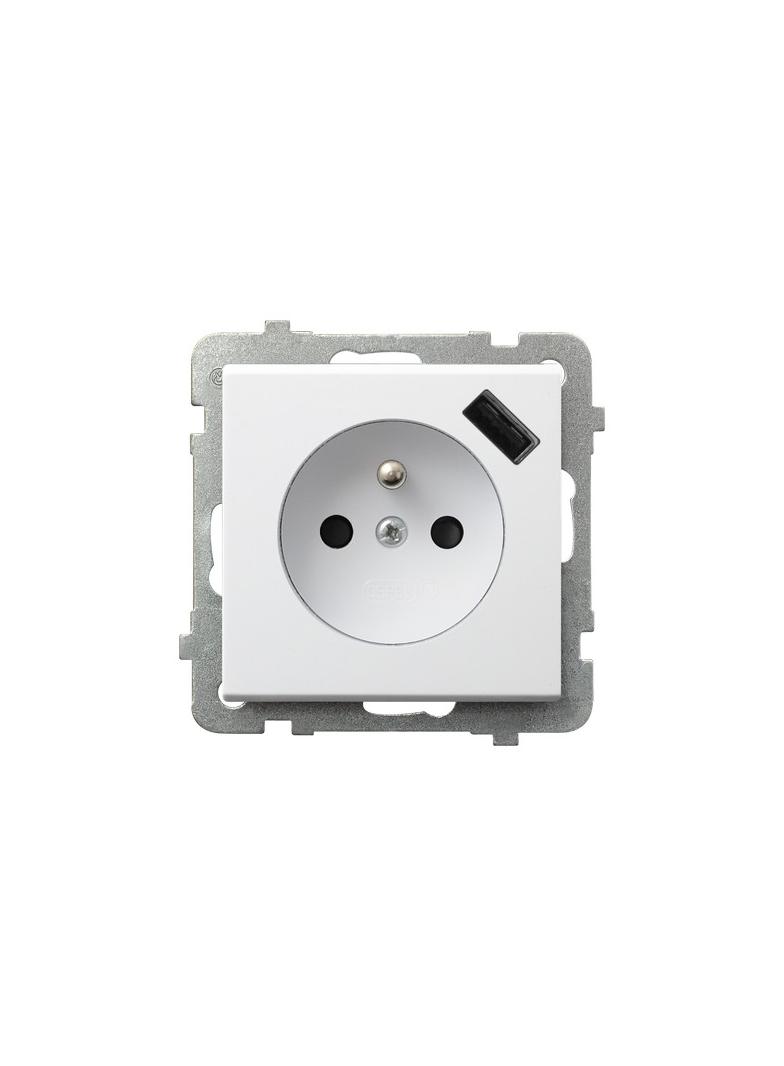 SONATA Gniazdo pojedyncze z uziemieniem z przesłonami torów prądowych, z ładowarką USB - kolor biały