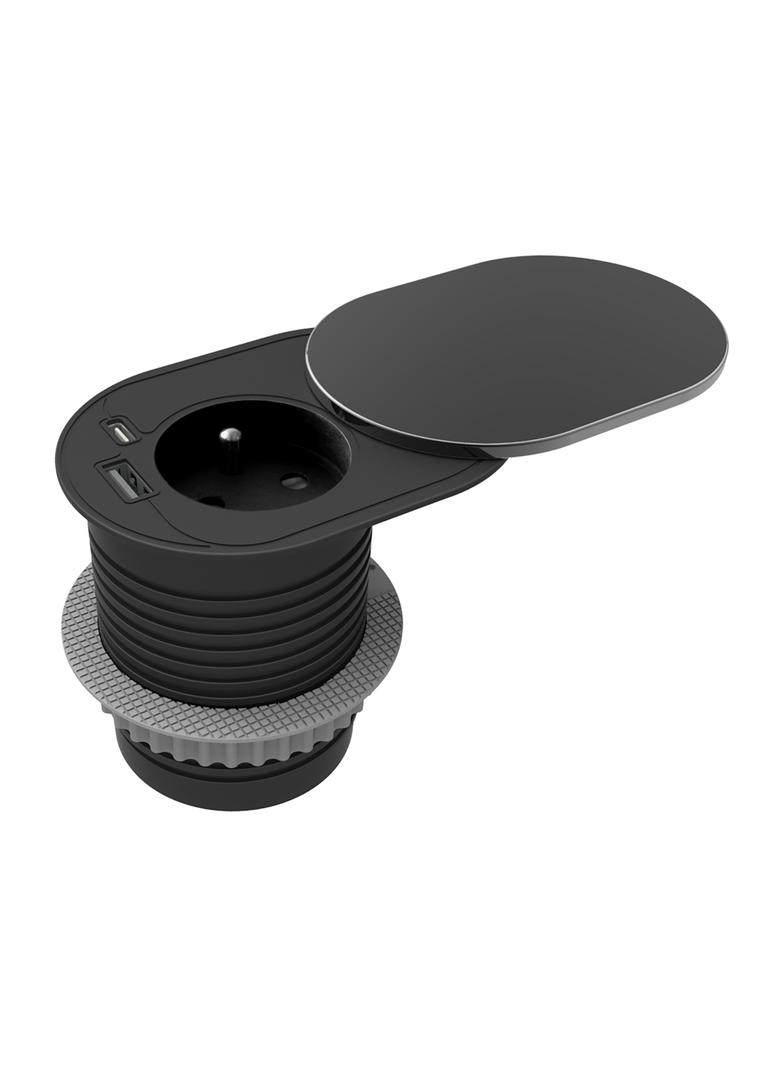 Gniazdo meblowe O6cm, wpuszczane w blat z przesuwną pokrywką, ładowarką USB i przewodem 1,9m, 1x2P+Z