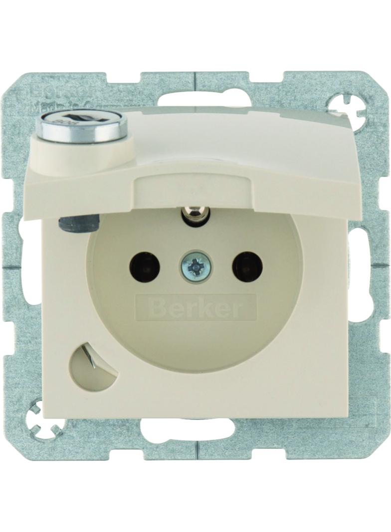 B.Kwadrat Gniazdo z uziemieniem z pokrywą i zamkiem, kremowy połysk