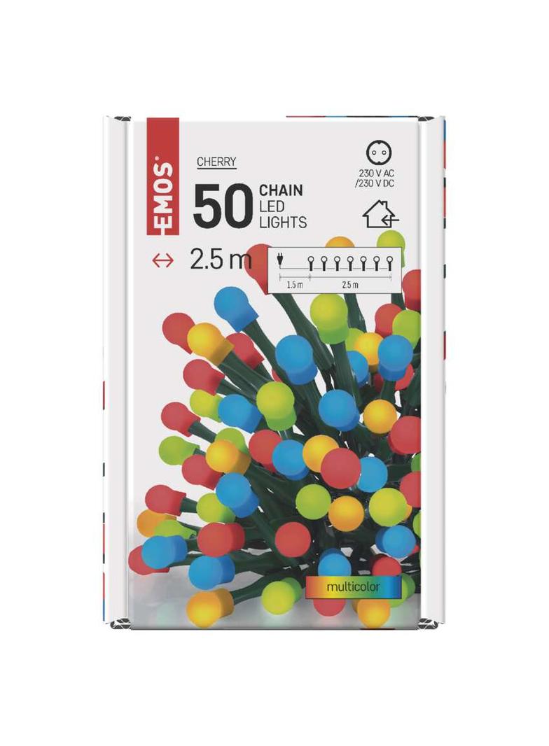 Lampki choinkowe 50 LED cherry 2,5m multikolor, zielony przewód, IP20 D5GM01 EMOS
