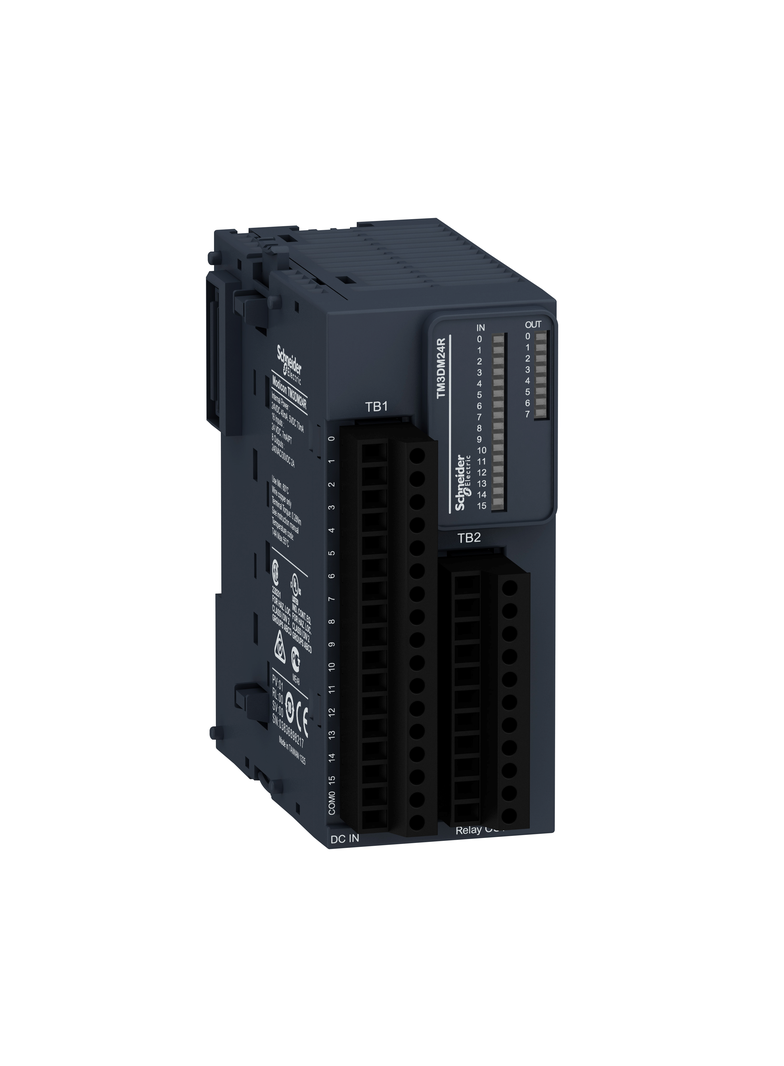 Modicon TM3, moduł We/Wy cyfrowych, 16 wejść, 8 wyjść przekaźnikowych, 24 VDC, zaciski śrubowe