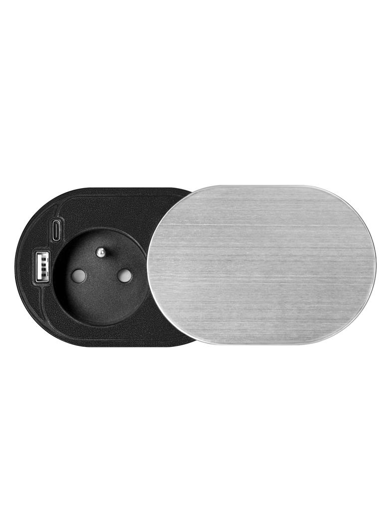 Gniazdo meblowe O6cm, wpuszczane w blat z przesuwną pokrywką, ładowarką USB i przewodem 1,9m, 1x2P+Z