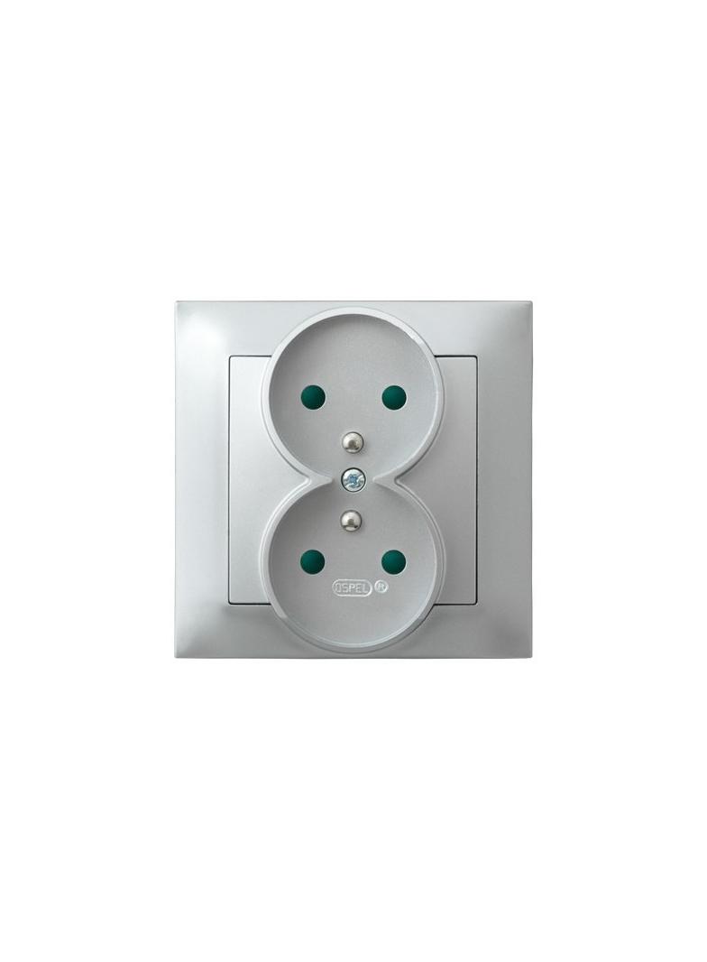 IMPRESJA Gniazdo podwójne z uziemieniem z przesłonami torów prądowych, kompletne z ramką - kolor sre