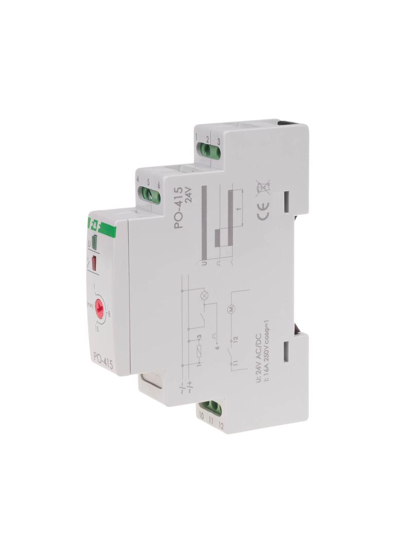Przekaźnik czasowy z opóźnionym odpadaniem montaż na szynie DIN 24V T=1-60s. PO-415-24V F&F